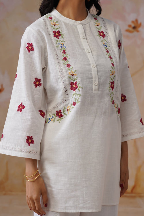 White Floral Cross Stitch Embroidered Tunic - Korah Stitch