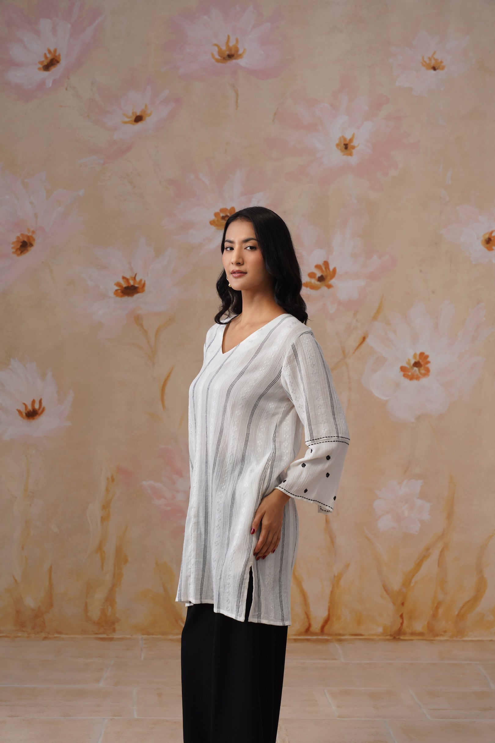 White Flowy Top with Sleeve Embroidery Korah Stitch