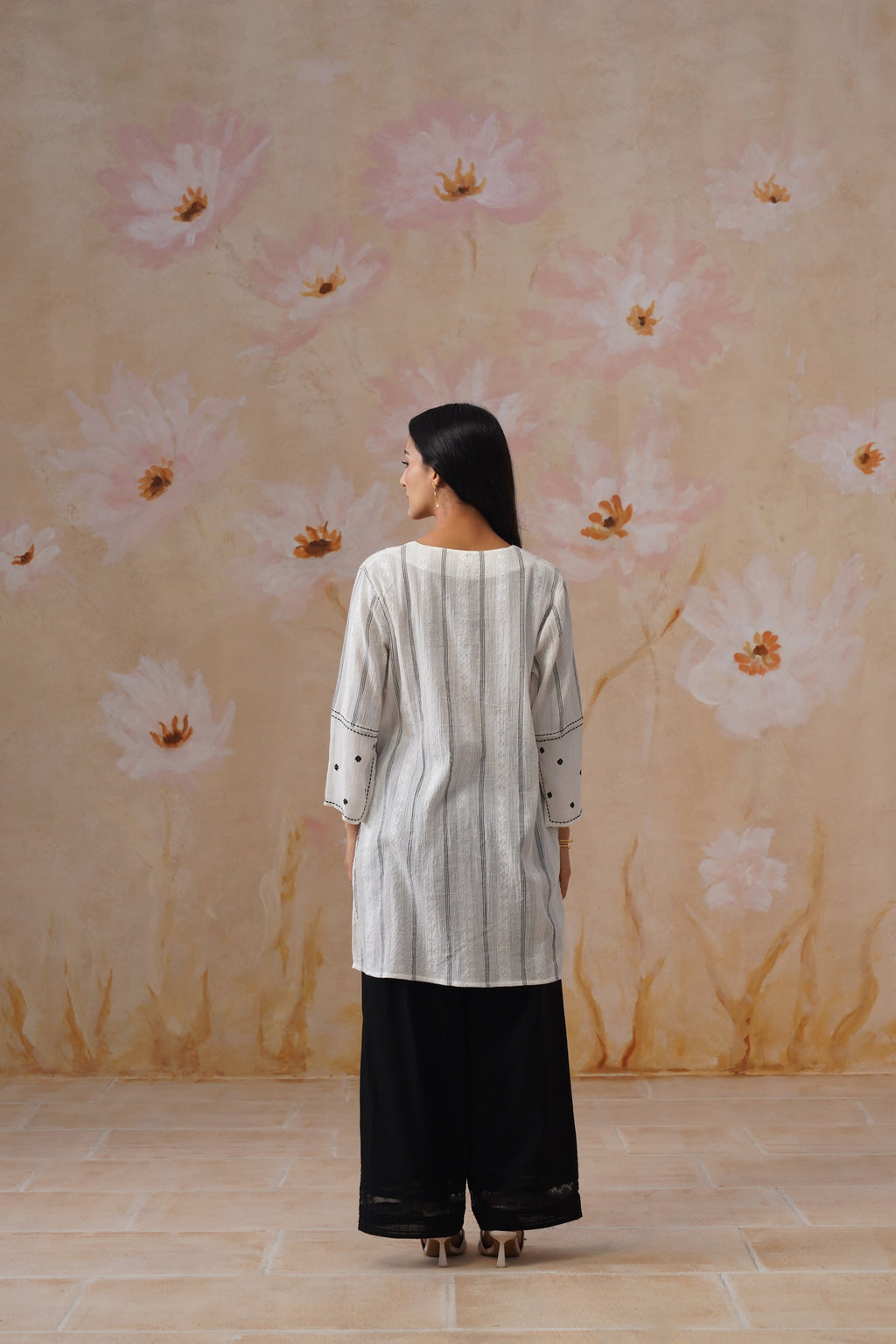 White Flowy Top with Sleeve Embroidery Korah Stitch