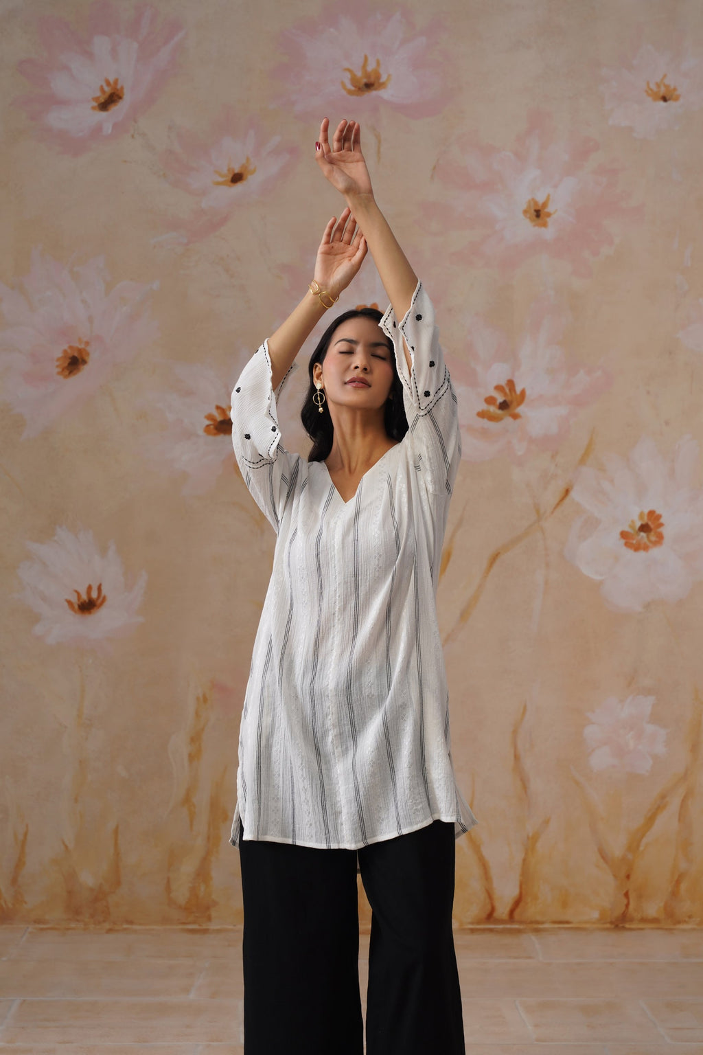 White Flowy Top with Sleeve Embroidery Korah Stitch