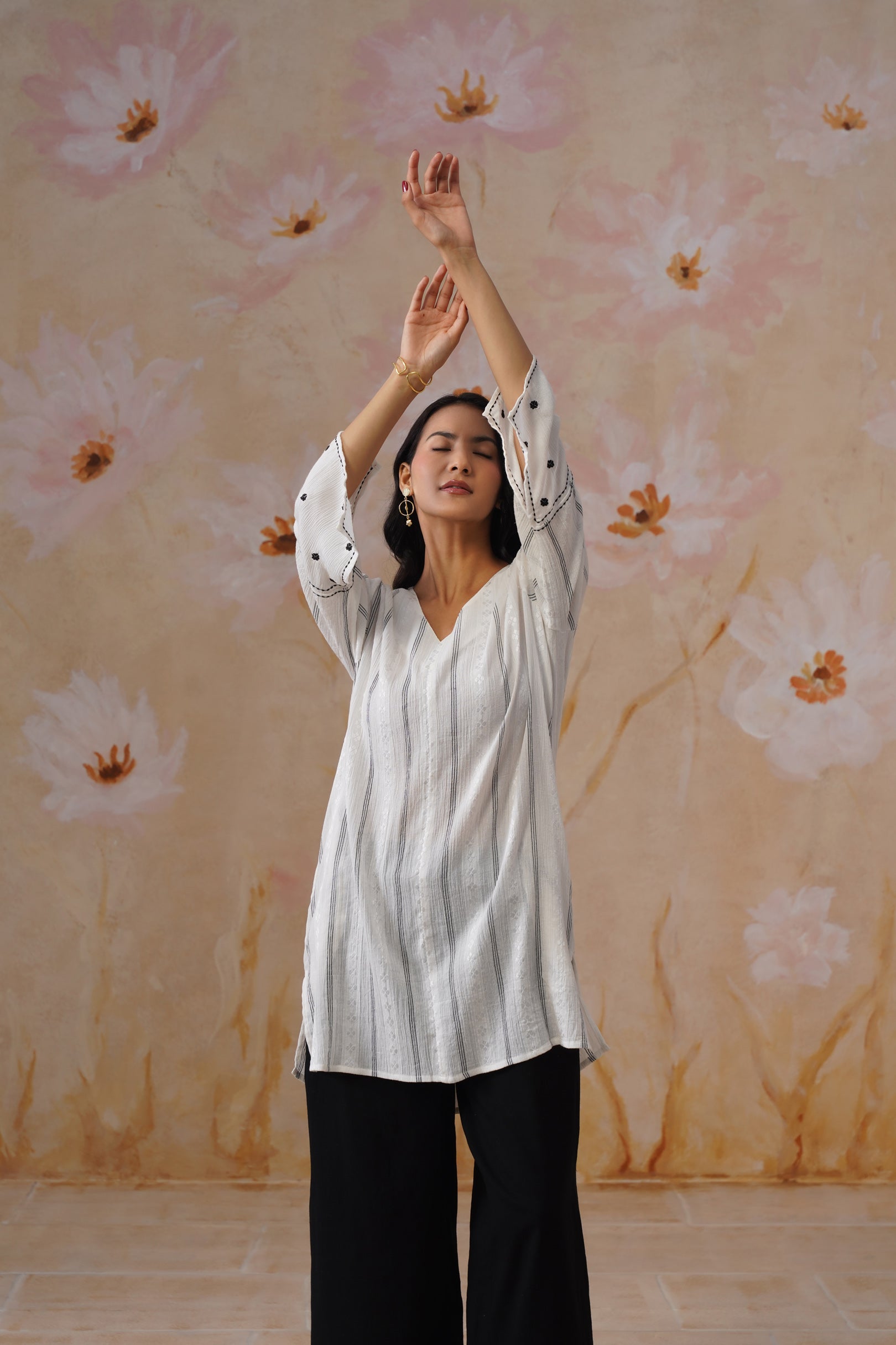 White Flowy Top with Sleeve Embroidery Korah Stitch