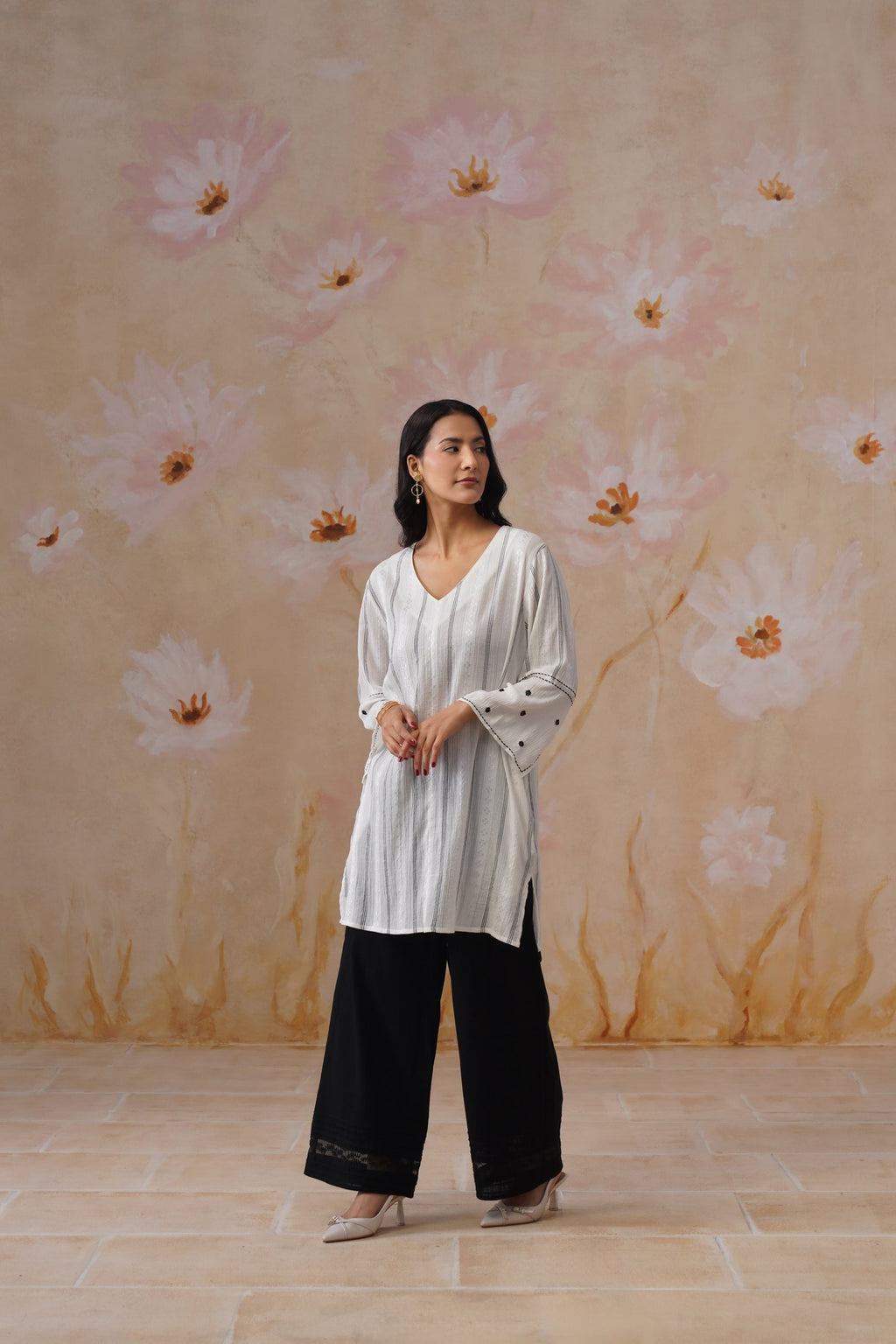 White Flowy Top with Sleeve Embroidery Korah Stitch