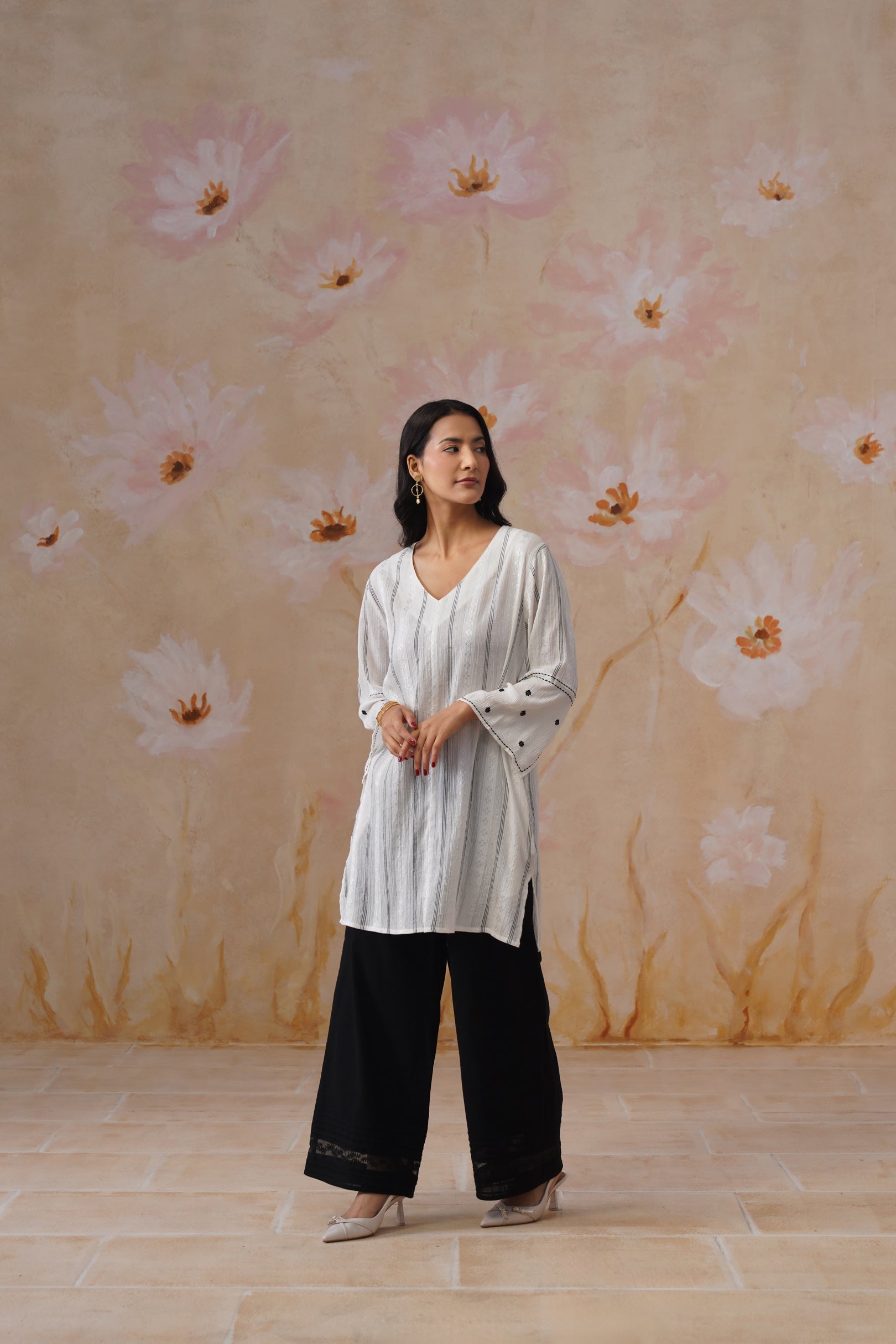 White Flowy Top with Sleeve Embroidery Korah Stitch