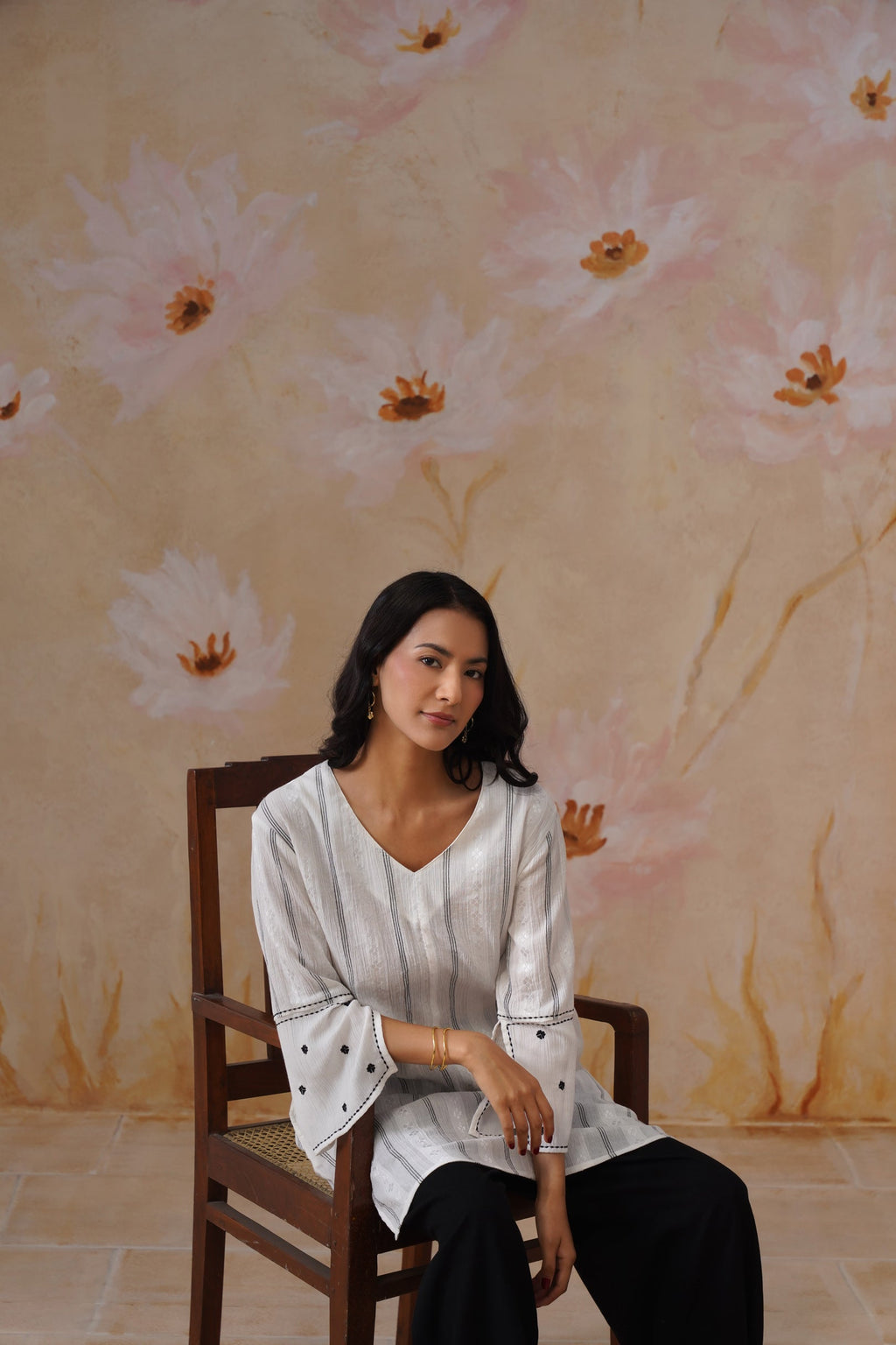 White Flowy Top with Sleeve Embroidery Korah Stitch