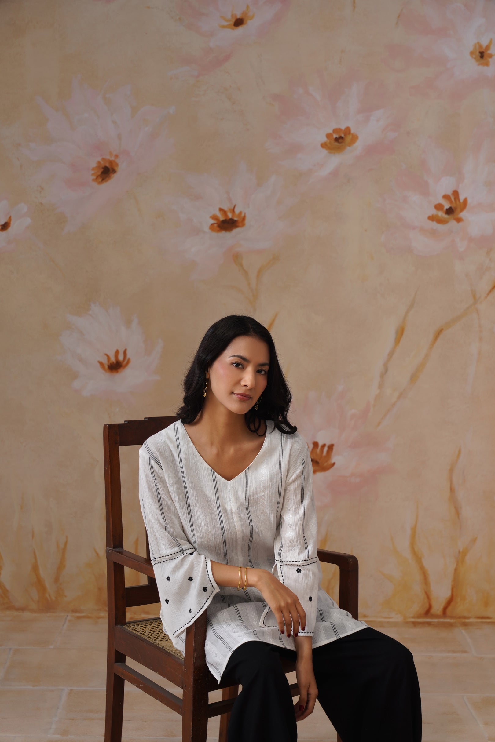 White Flowy Top with Sleeve Embroidery Korah Stitch