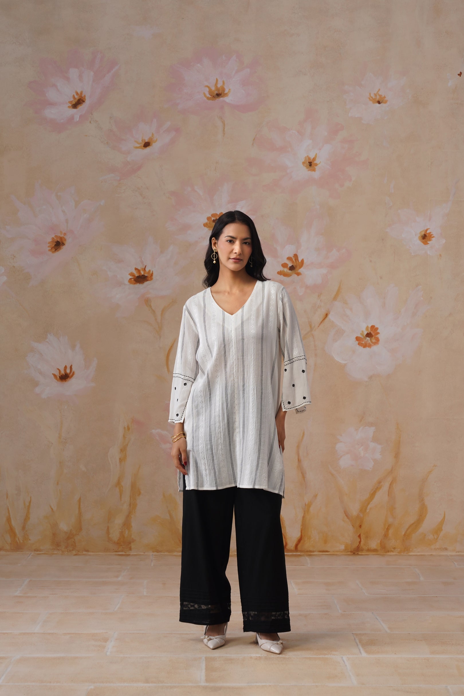 White Flowy Top with Sleeve Embroidery Korah Stitch