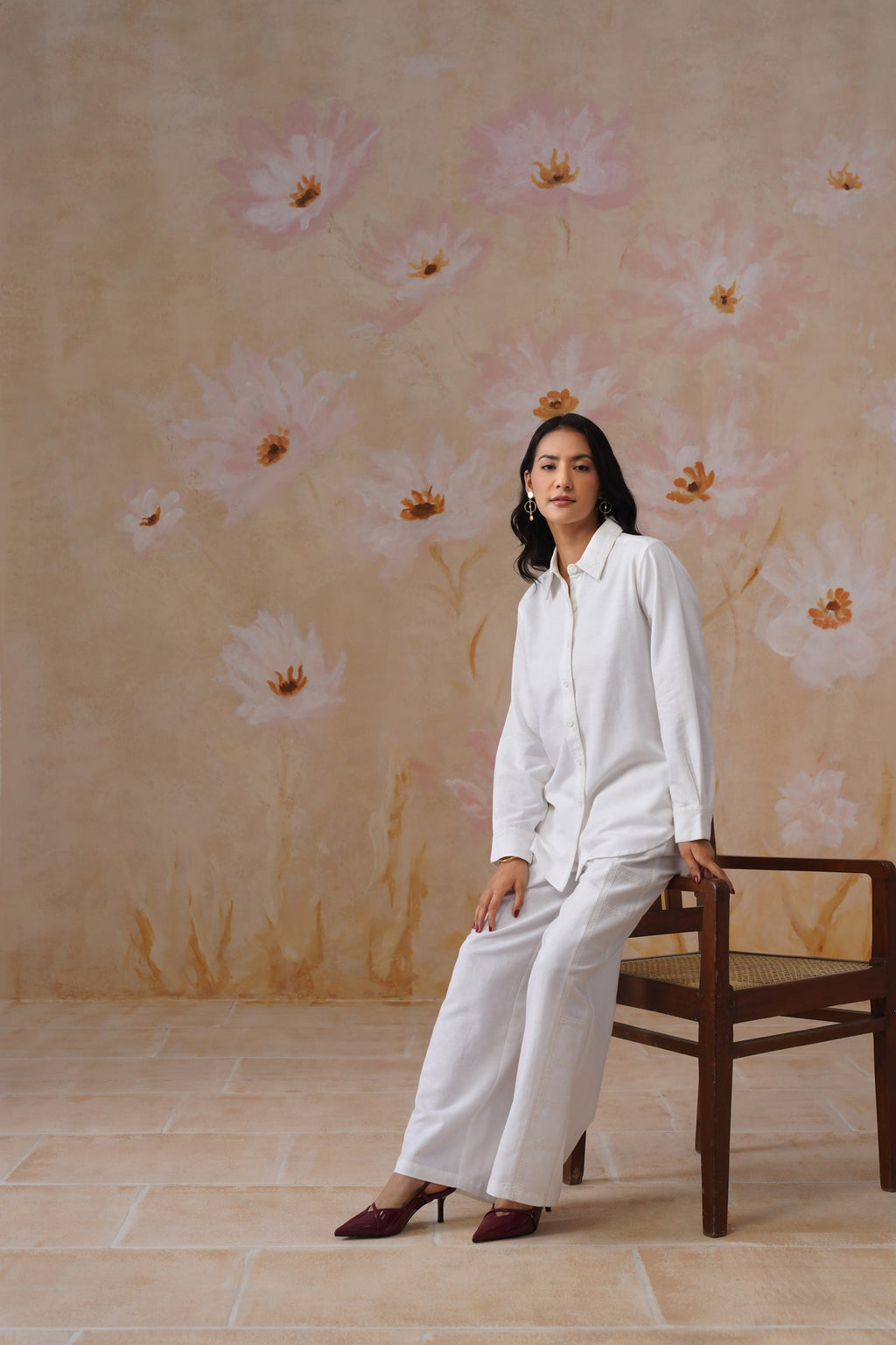White Linen Blend Co-Ord set with Off-White Embroidery Korah Stitch