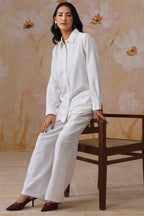 White Linen Blend Co-Ord set with Off-White Embroidery Korah Stitch