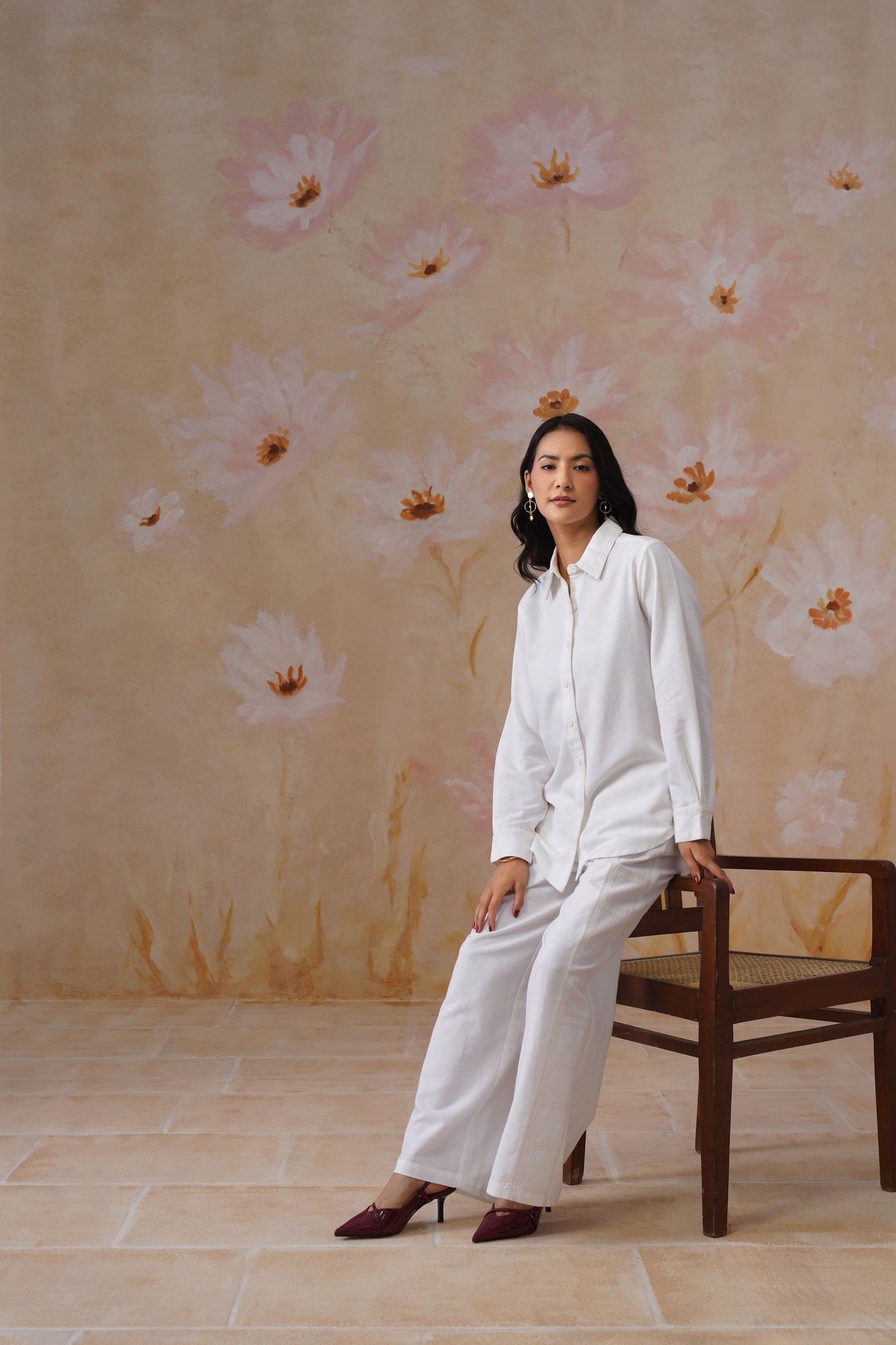 White Linen Blend Co-Ord set with Off-White Embroidery Korah Stitch