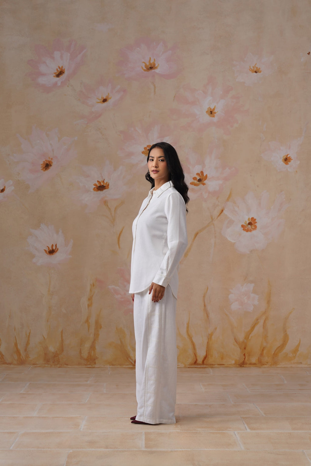 White Linen Blend Co-Ord set with Off-White Embroidery Korah Stitch