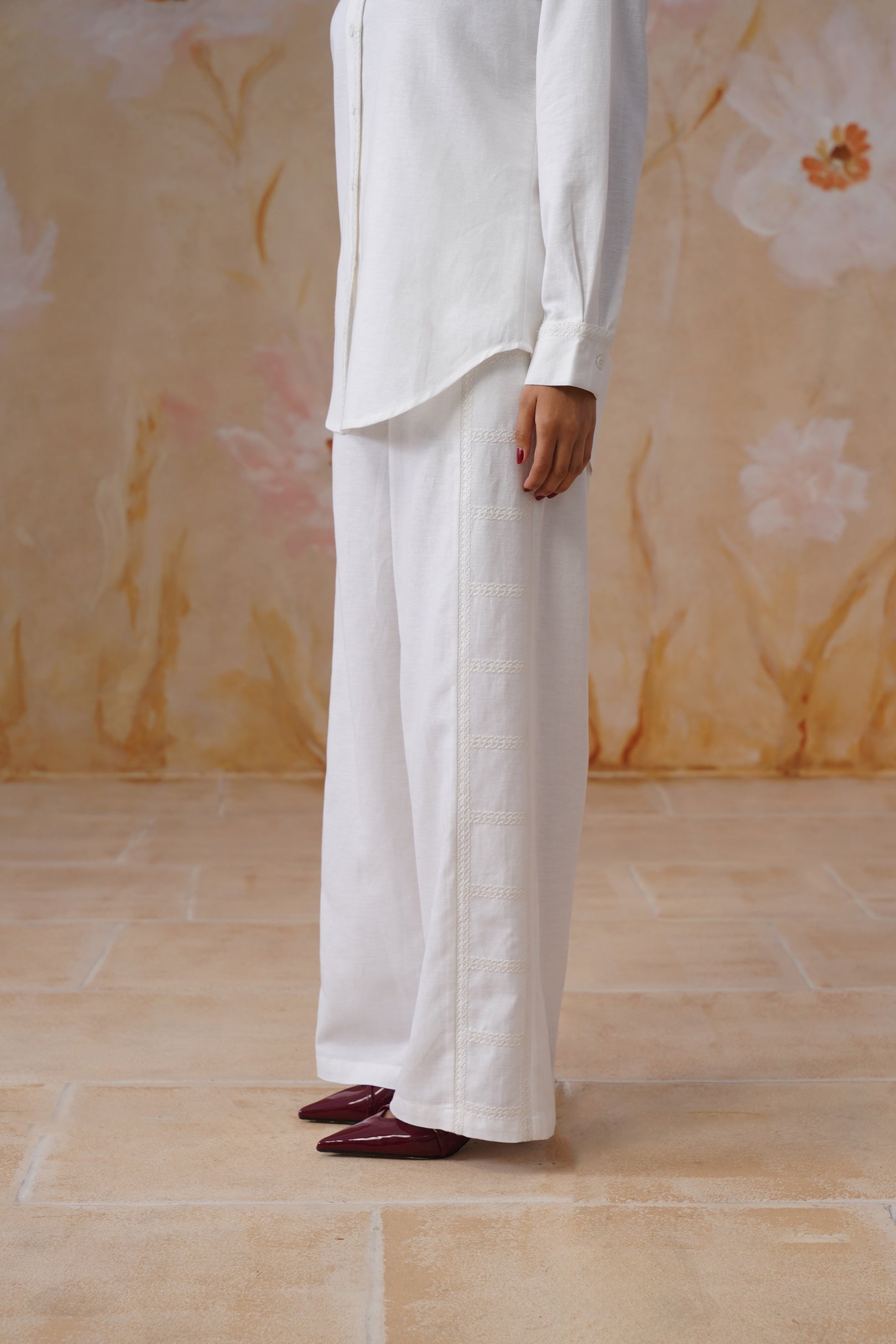 White Linen Blend Co-Ord set with Off-White Embroidery Korah Stitch