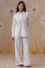 White Linen Blend Co-Ord set with Off-White Embroidery Korah Stitch