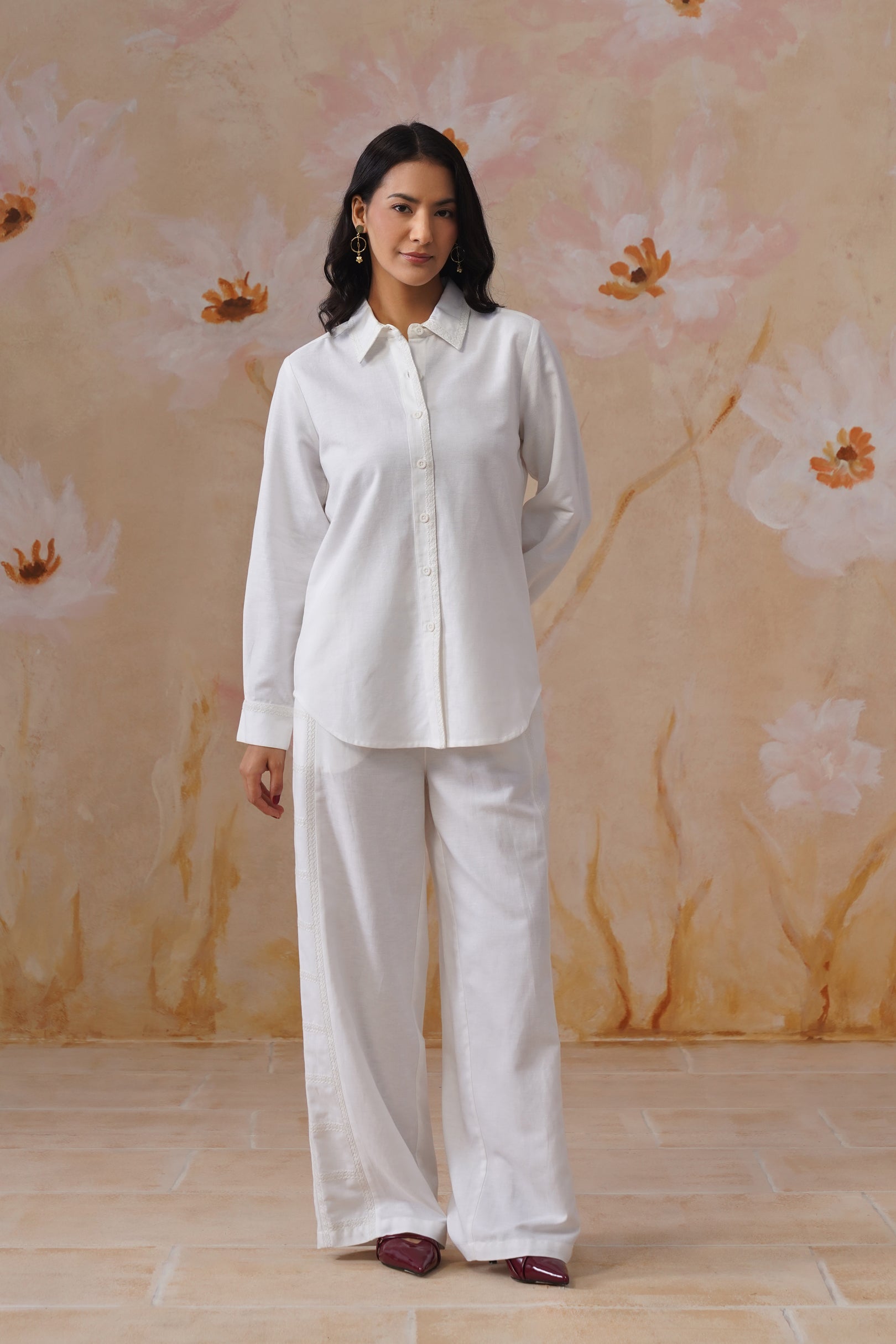 White Linen Blend Co-Ord set with Off-White Embroidery Korah Stitch