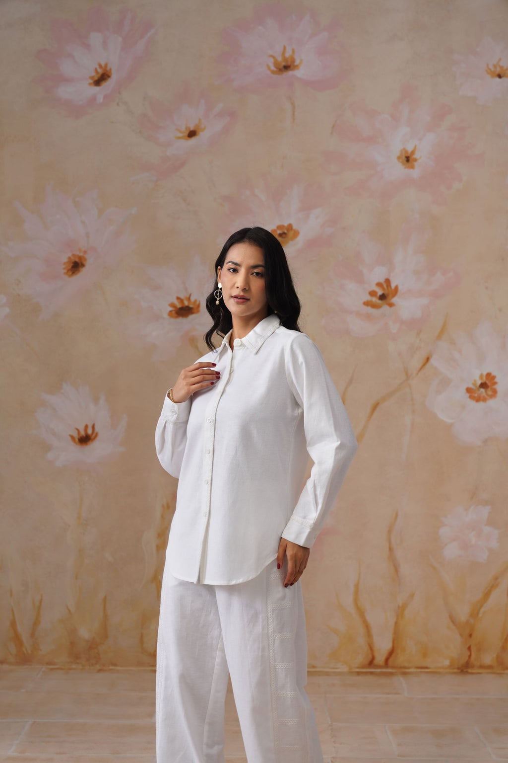 White Linen Blend Co-Ord set with Off-White Embroidery Korah Stitch