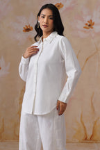 White Linen Blend Co-Ord set with Off-White Embroidery Korah Stitch