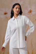 White Linen Blend Co-Ord set with Off-White Embroidery Korah Stitch
