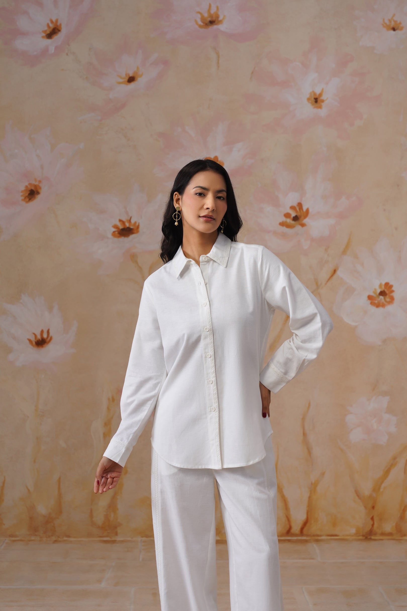 White Linen Blend Co-Ord set with Off-White Embroidery Korah Stitch