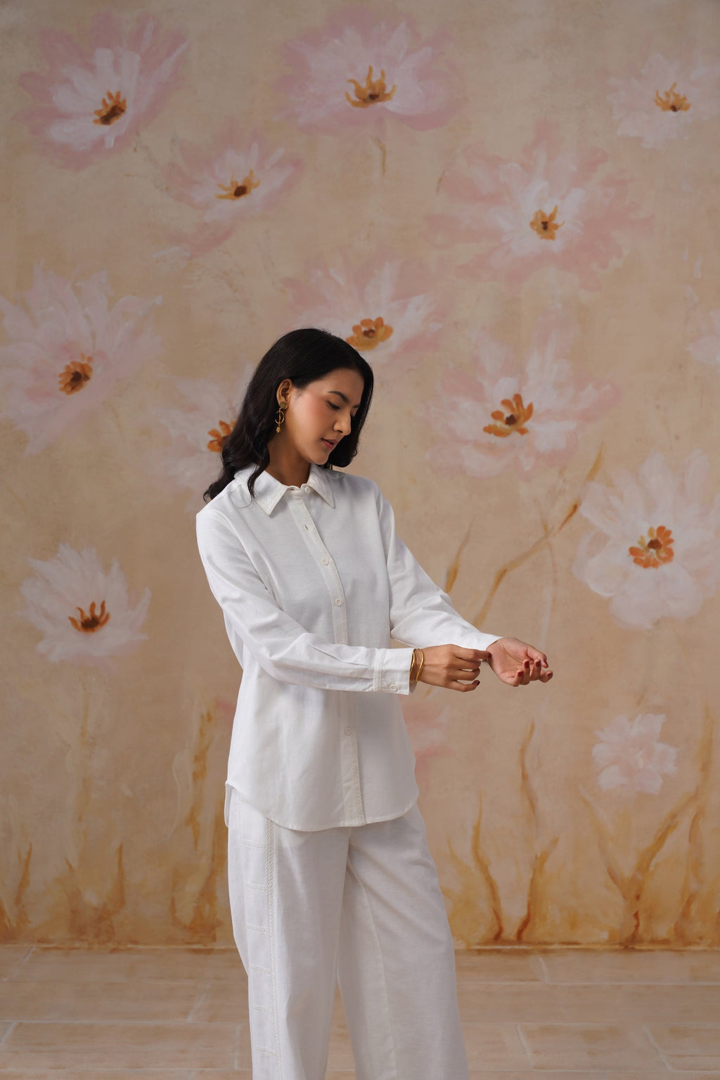 White Linen Blend Co-Ord set with Off-White Embroidery Korah Stitch