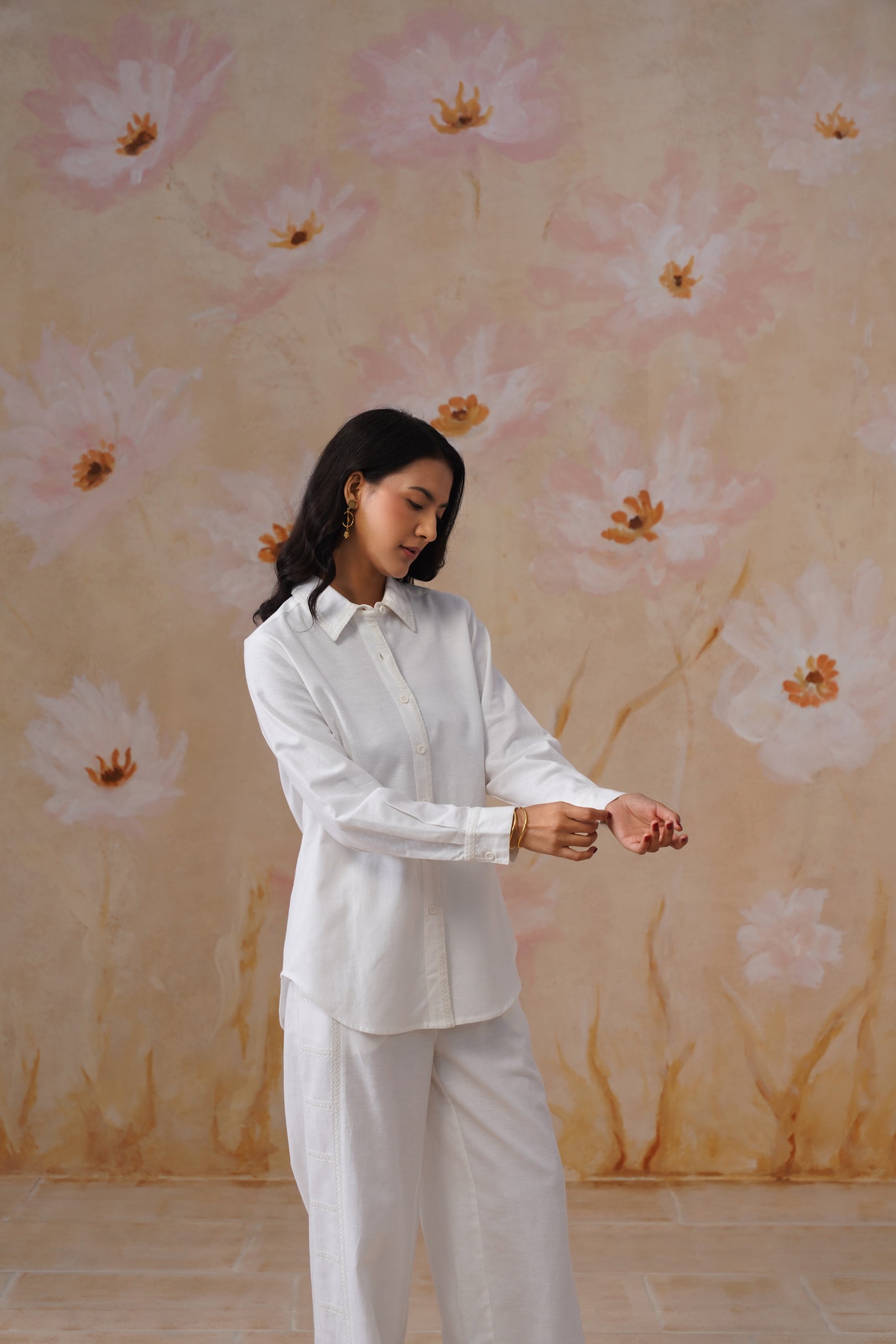 White Linen Blend Co-Ord set with Off-White Embroidery Korah Stitch