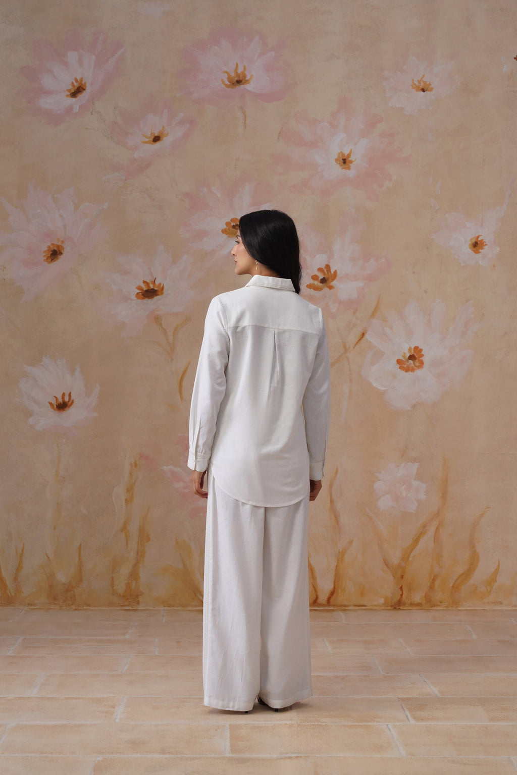 White Linen Blend Co-Ord set with Off-White Embroidery Korah Stitch