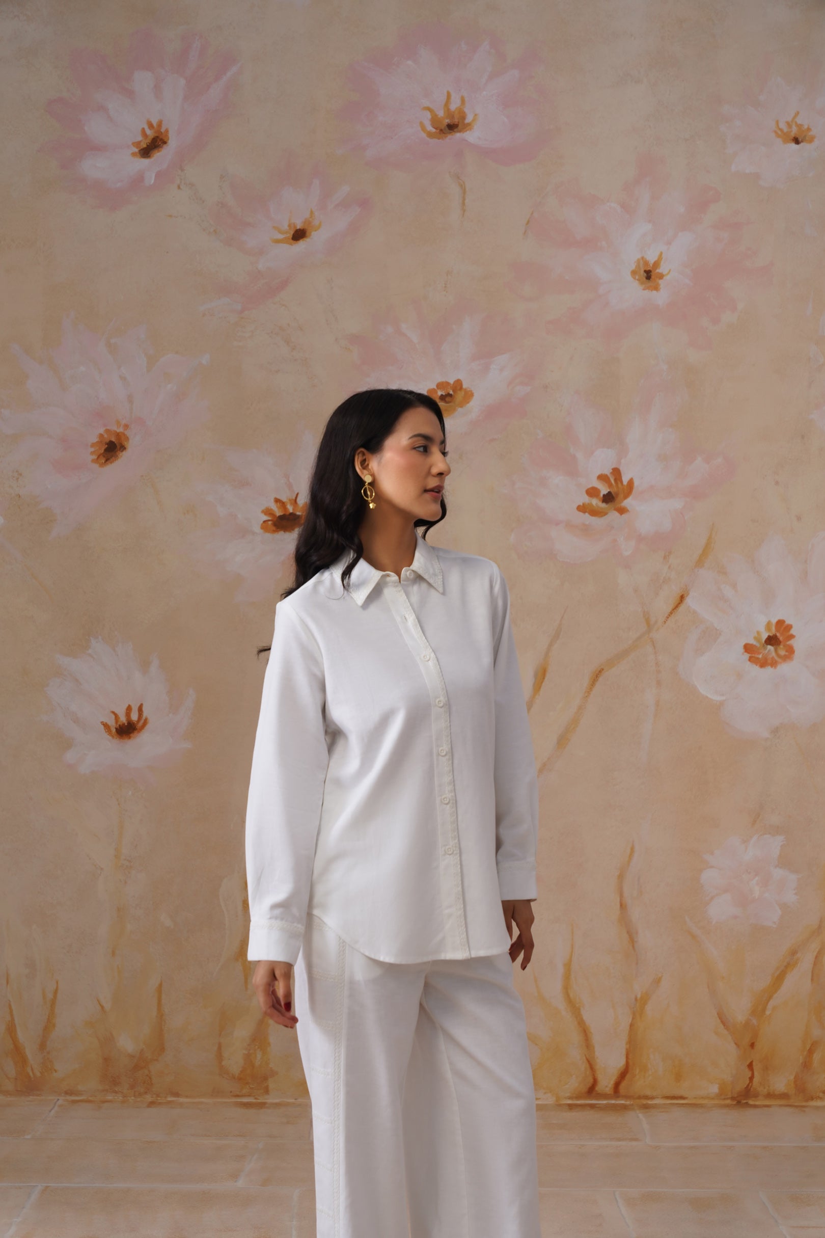 White Linen Blend Co-Ord set with Off-White Embroidery Korah Stitch